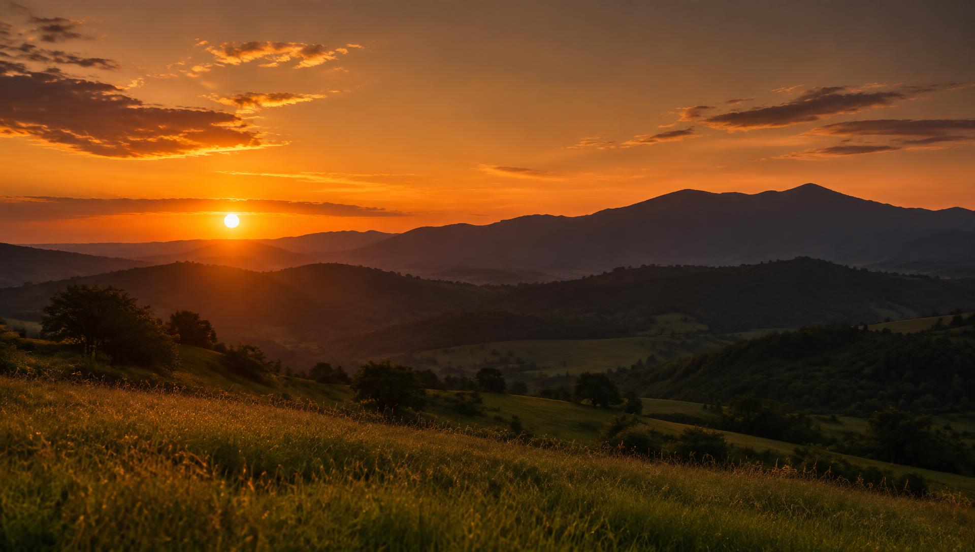 Pôr do sol sobre campos e montanhas — imagem ilustrativa